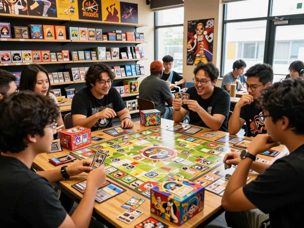 Friends enjoying One Piece Card Game at a vibrant tabletop gaming shop, surrounded by colorful booster boxes and custom deck boxes.