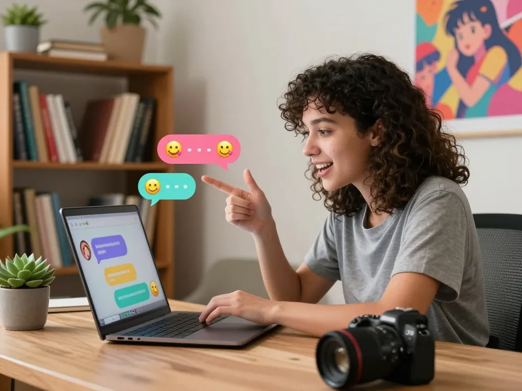 Engaging conversation with an AI gf in a cozy home office, showcasing vibrant chat bubbles and digital companionship.