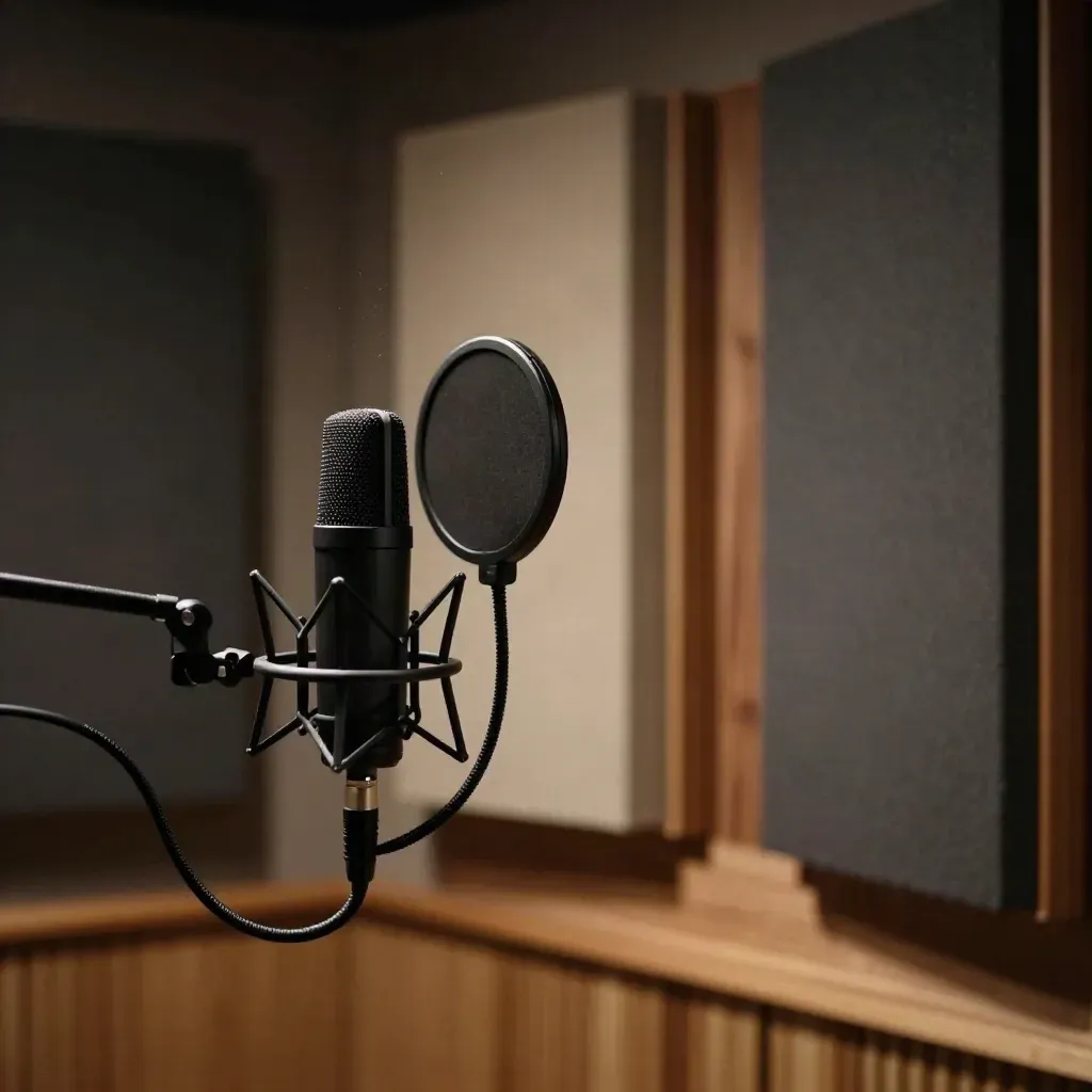 Acoustic vocal booth with condenser mic, pop filter, and warm wooden panels in moody light.