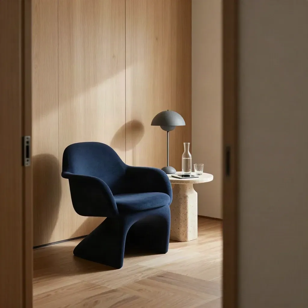 Empty coaching room with sculptural chair, matte lamp, tablet and carafe in warm daylight