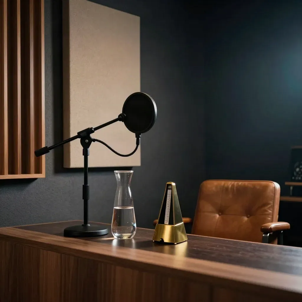 Moody voice coaching studio corner with mic, carafe, metronome, and leather chair