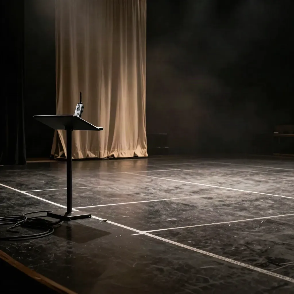 Empty rehearsal stage with lectern, clicker, tape marks, and spotlight haze.