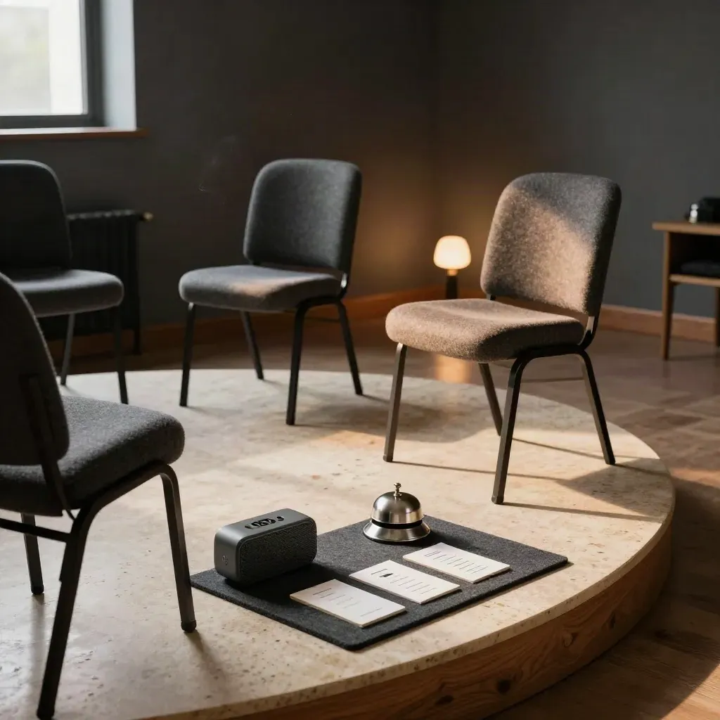 Curved chairs, speaker, bell timer, and face-down cards in a warm workshop room.