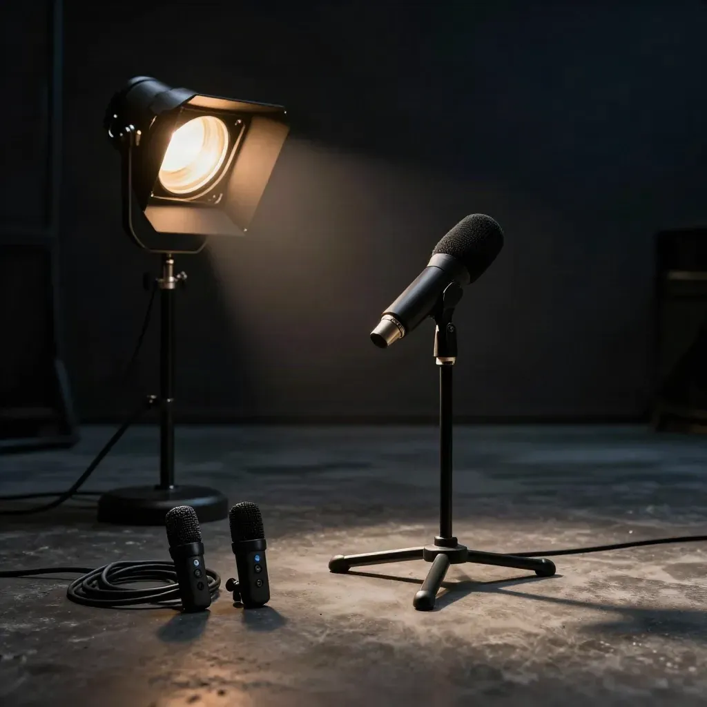 Moody interview corner with mic, lavaliers, and a glowing on-air lamp