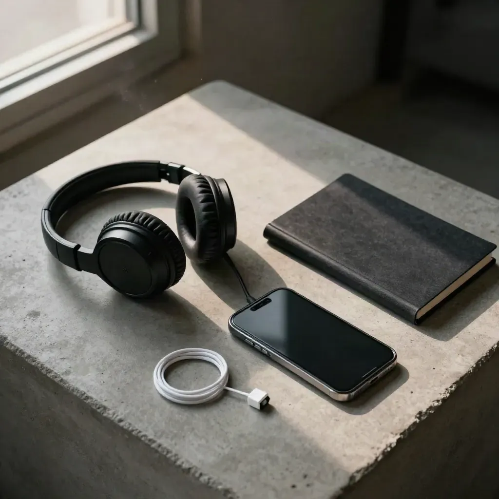 Top-down audit toolkit with headset, recorder, phone, and closed notebook on concrete.
