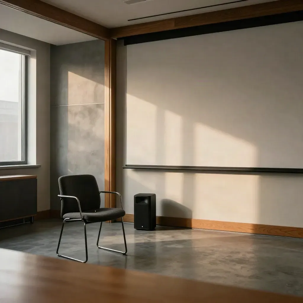 Empty corporate training room with a chair, PA speaker, clicker, and blank presentation wall.