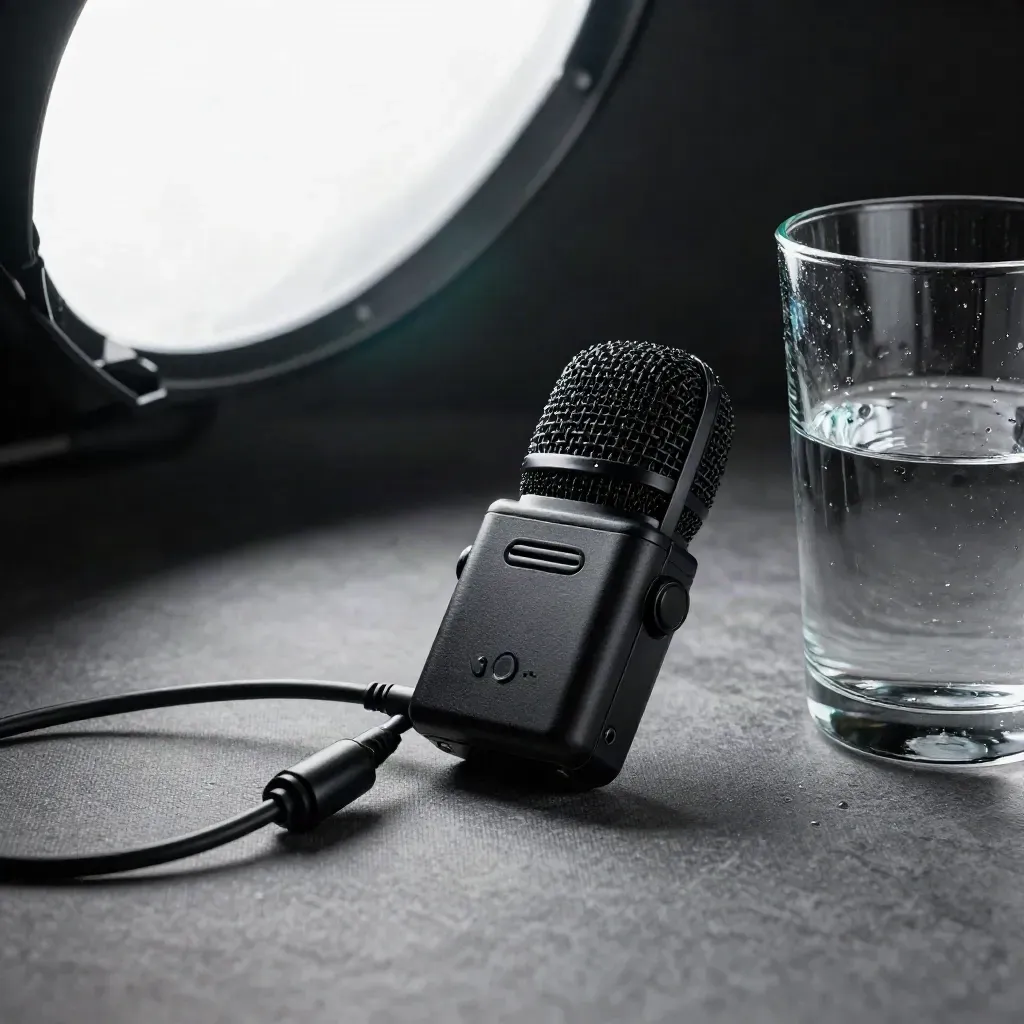 Lav mic, water glass, and softbox reflection in a dark interview corner.