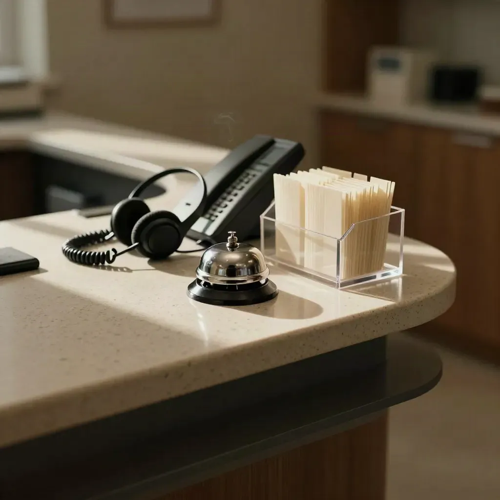 Clinic front desk tools neatly arranged on a stone counter in warm late-afternoon light.