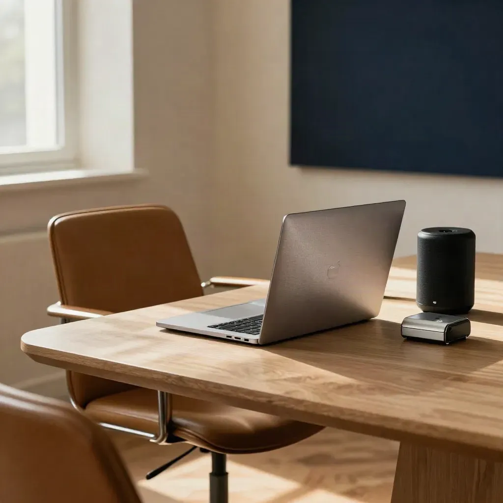 Warm review room with pulled-back leather chair, closed laptop, speaker and timer.