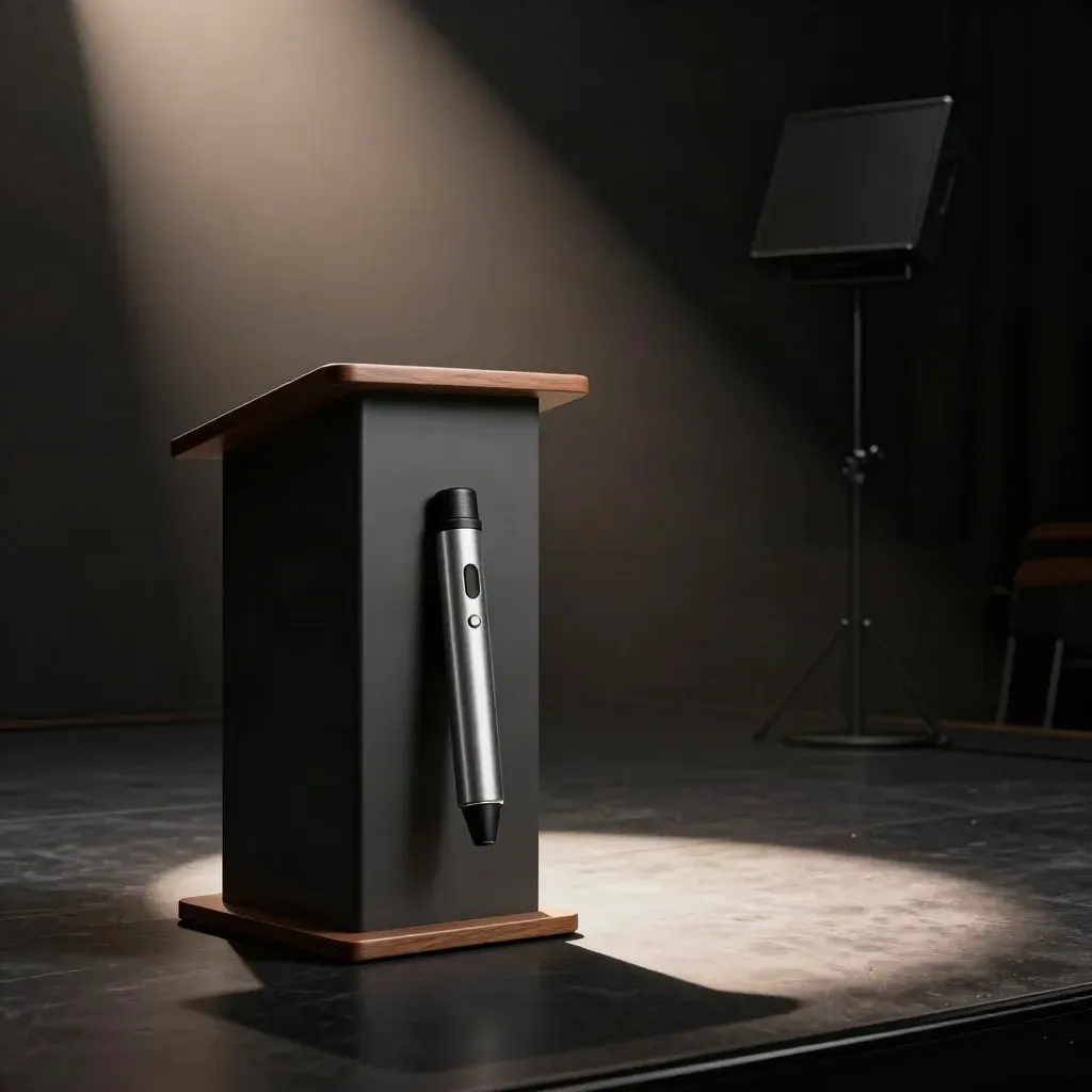 Empty lecture stage with podium, clicker, turned monitor, and spotlight on black floor.