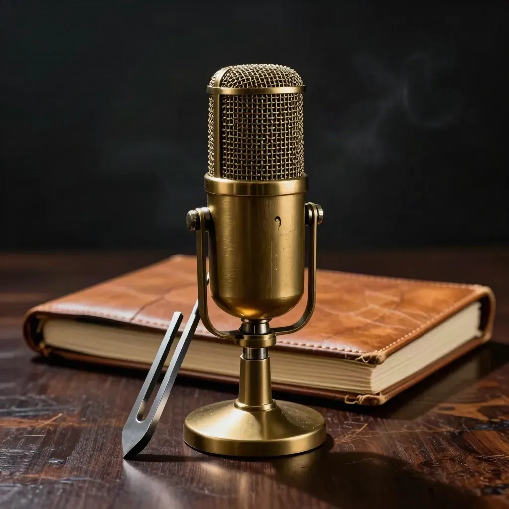 Brass microphone, tuning fork, and worn voice journal on dark walnut in dramatic studio light.