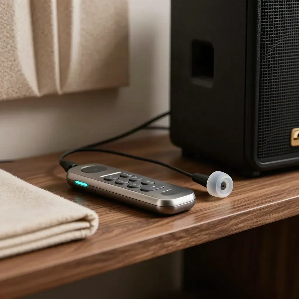 Wireless clicker, headset earpiece, and speaker grille on a walnut rehearsal shelf.