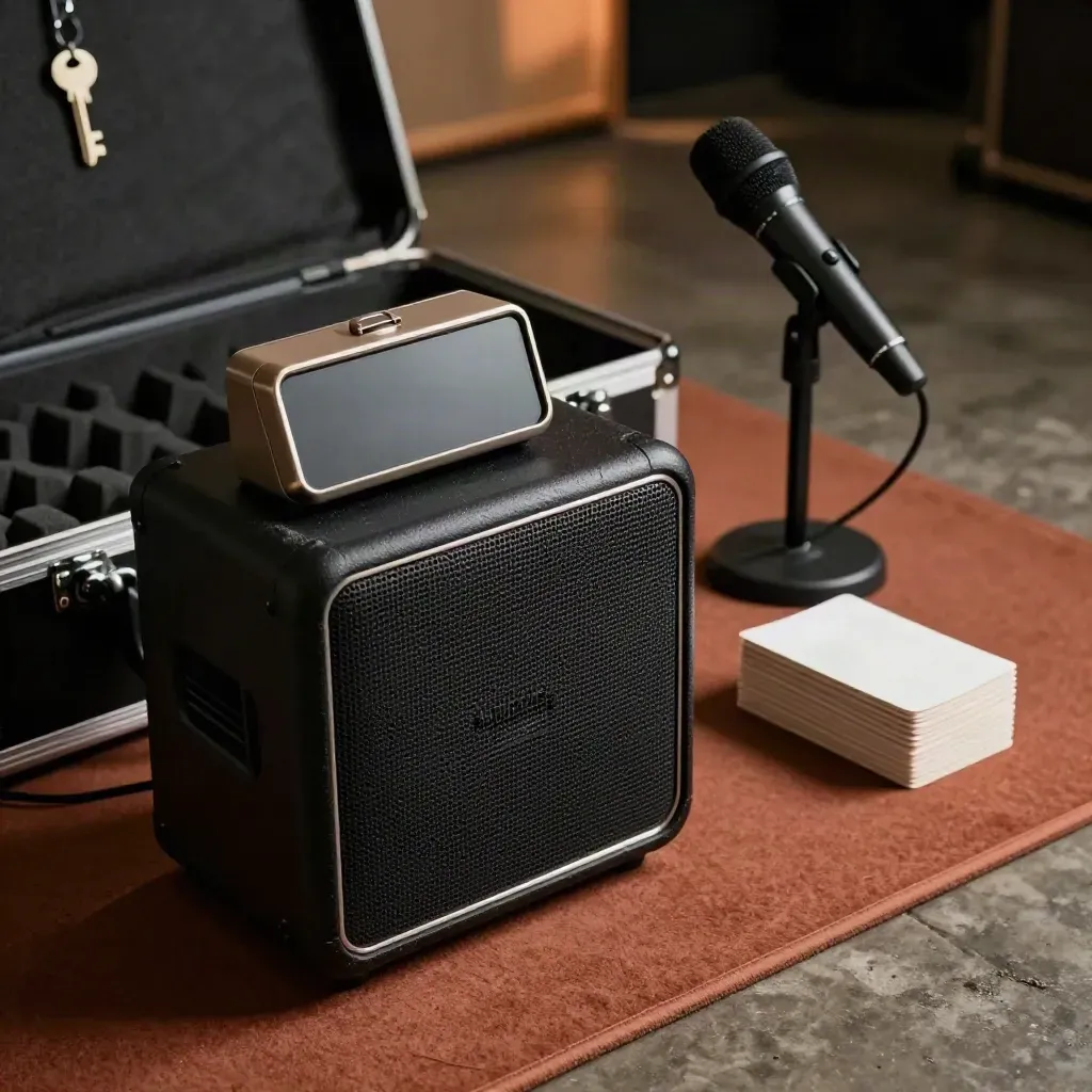 Workshop speaker, timer, room mic, and pacing cards on a road case in dramatic studio light.