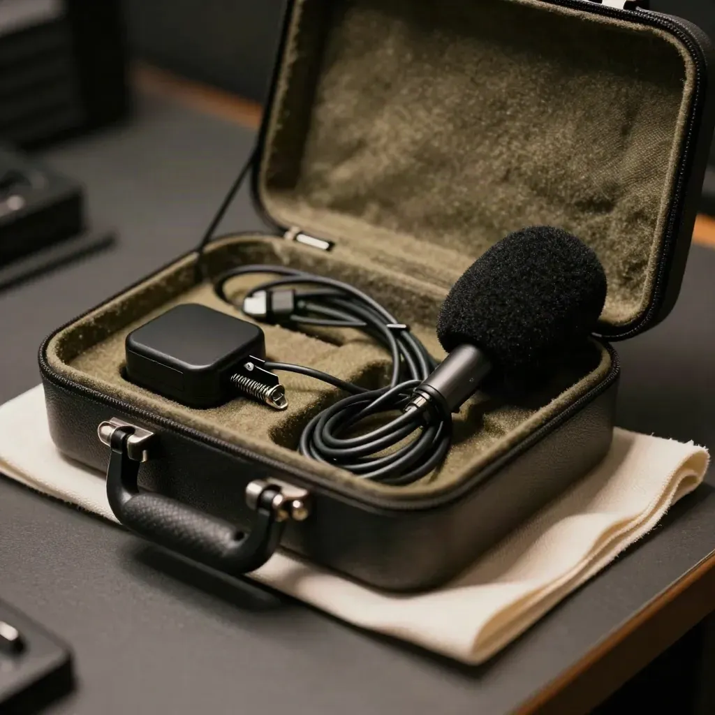 Lavalier mic kit with cable coil and windscreen in a lined hard case on a dark bench.