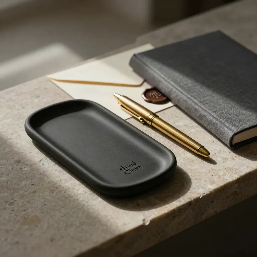 Black phone cradle, brass pen, sealed envelope and notebook on stone in soft morning light.