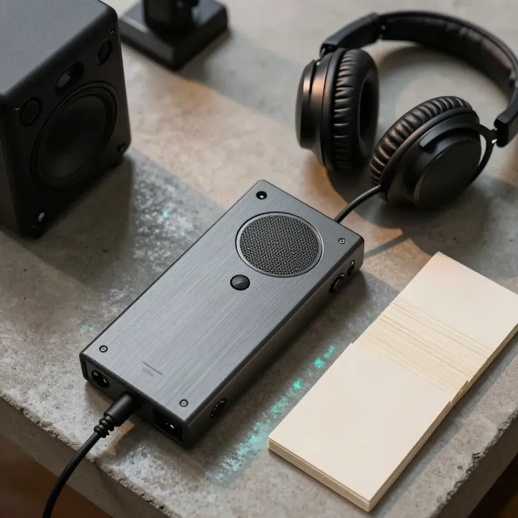 Overhead flatlay of headphones, recorder, speaker and cue cards on concrete.