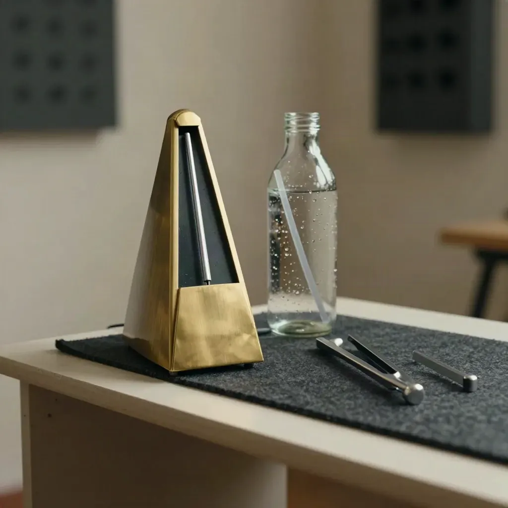 Metronome, vocal straw, water bottle, and tuning fork on a felt mat