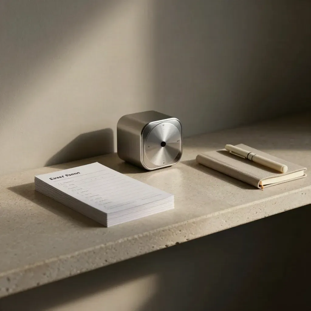 Progress cards, timer, and ribbon-marked notebook on a stone shelf with soft side light.