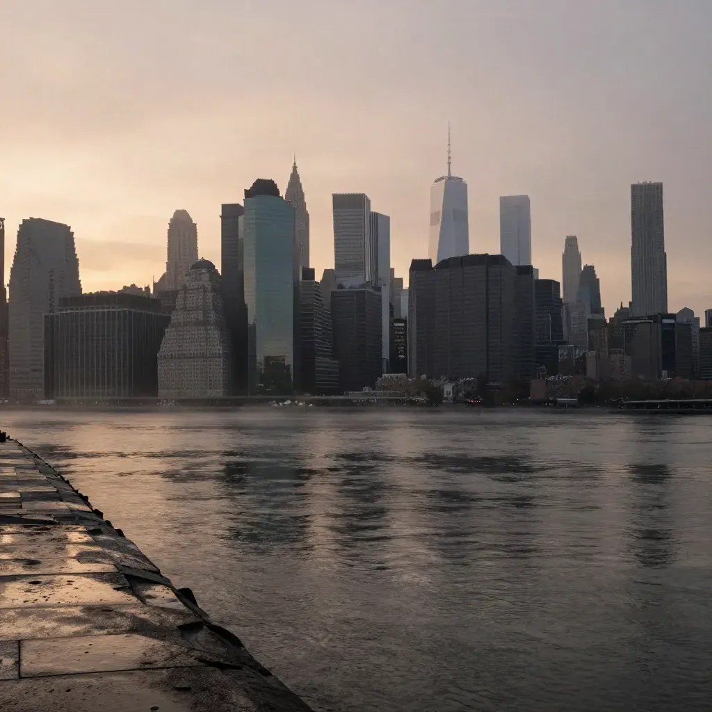 Manhattan skyline over the East River at sunrise, hazy after rain