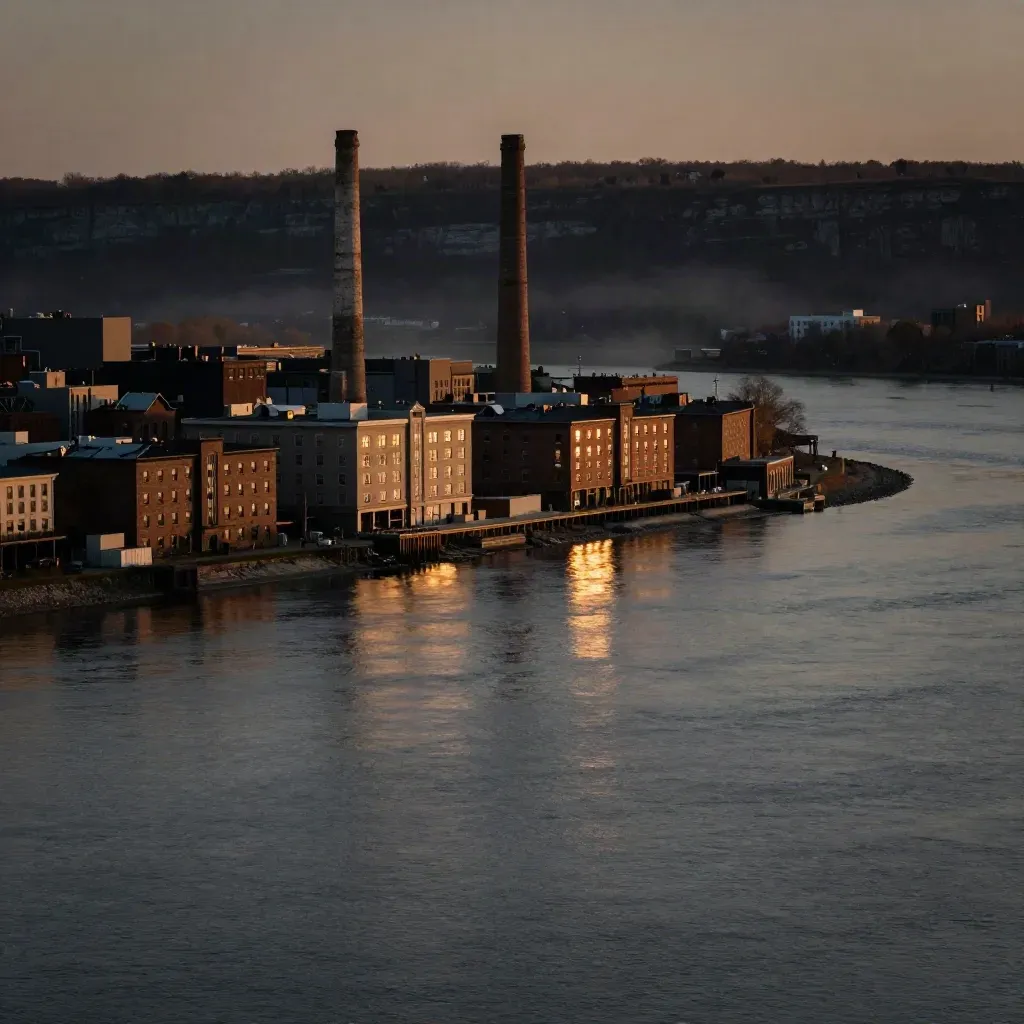 Golden-hour Hudson River bend with brick lofts, cliff line, and calm water foreground
