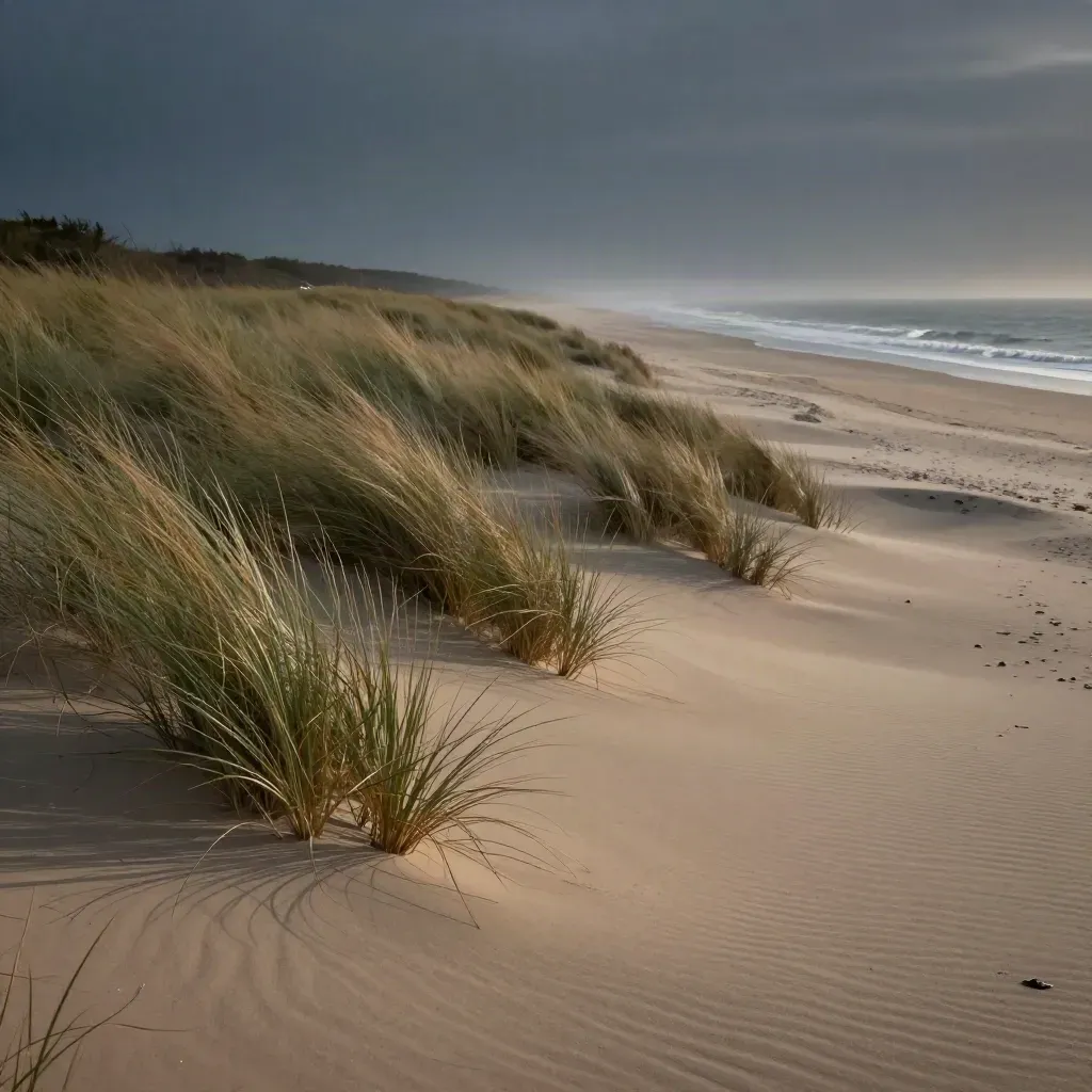 Long Island dunes, beach grass, and a pale blue-hour shoreline with mist
