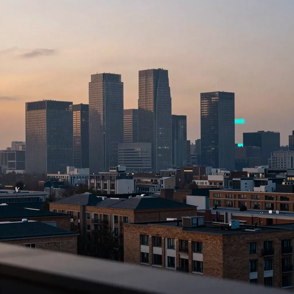 Twilight city skyline with glowing offices and rooftops above a hazy urban grid.