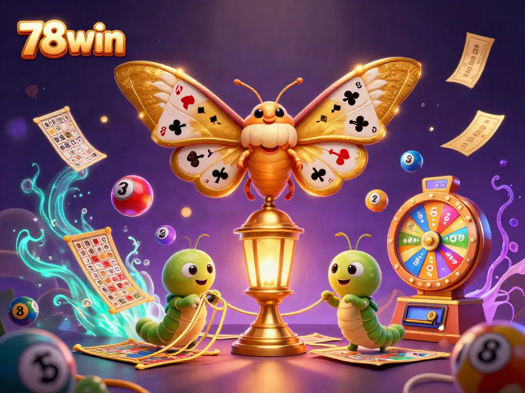 Engage with thrilling gaming opportunities at 78win with vibrant lottery elements and a majestic moth.