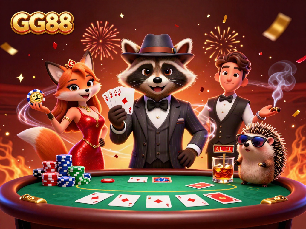 Engage in thrilling poker gameplay at GG88 with vibrant characters swirling around a colorful poker table.