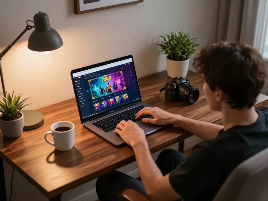 Engaging in online gambling on the TG88 platform with cozy home atmosphere and modern setup.