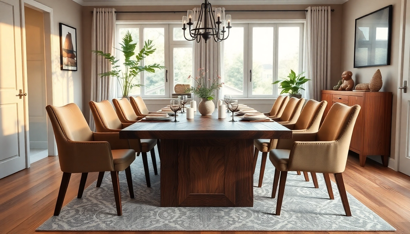 Custom dining table showcasing rich hardwood grains, set in a cozy dining room atmosphere.