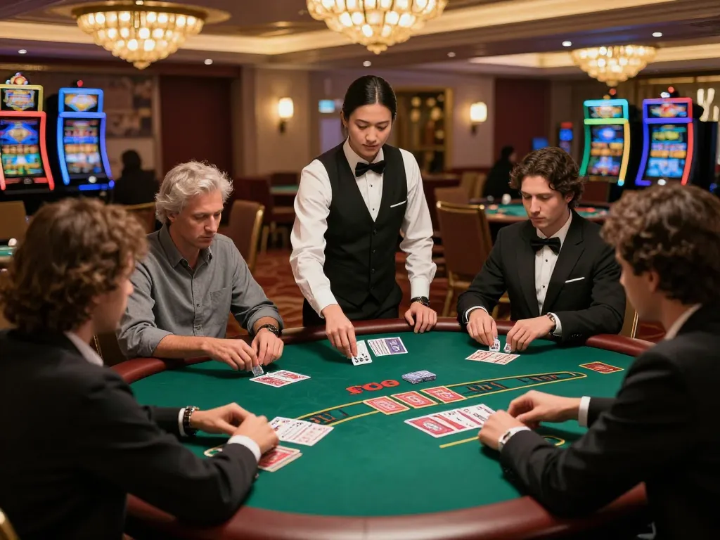 Players strategizing and placing bets at a vibrant FC88 blackjack table in a luxurious casino setting.