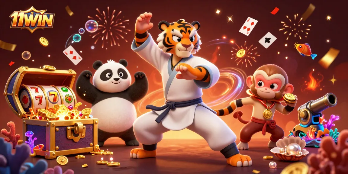 Experience the excitement of 11WIN as playful characters celebrate with winning slots and dazzling treasures.