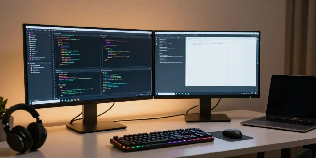 Web application vulnerability assessment & penetration testing in a modern developer workspace with coding setup, highlighting cybersecurity solutions.