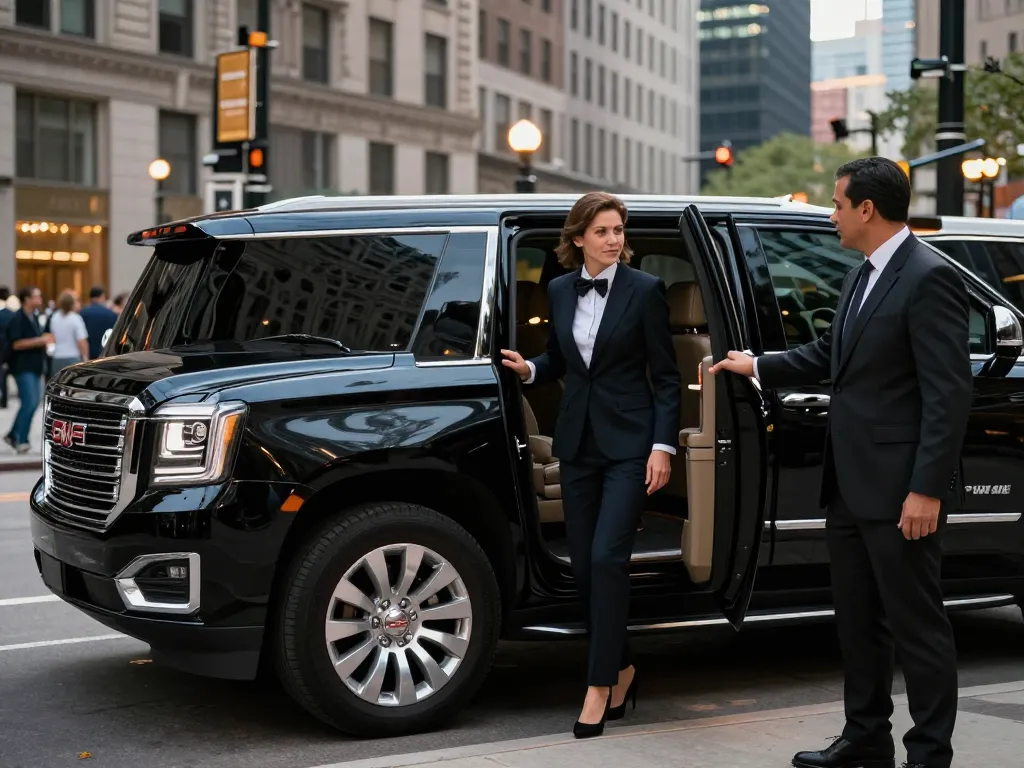 Luxury limousine service experience in Chicago with stylish couple exiting GMC Yukon.