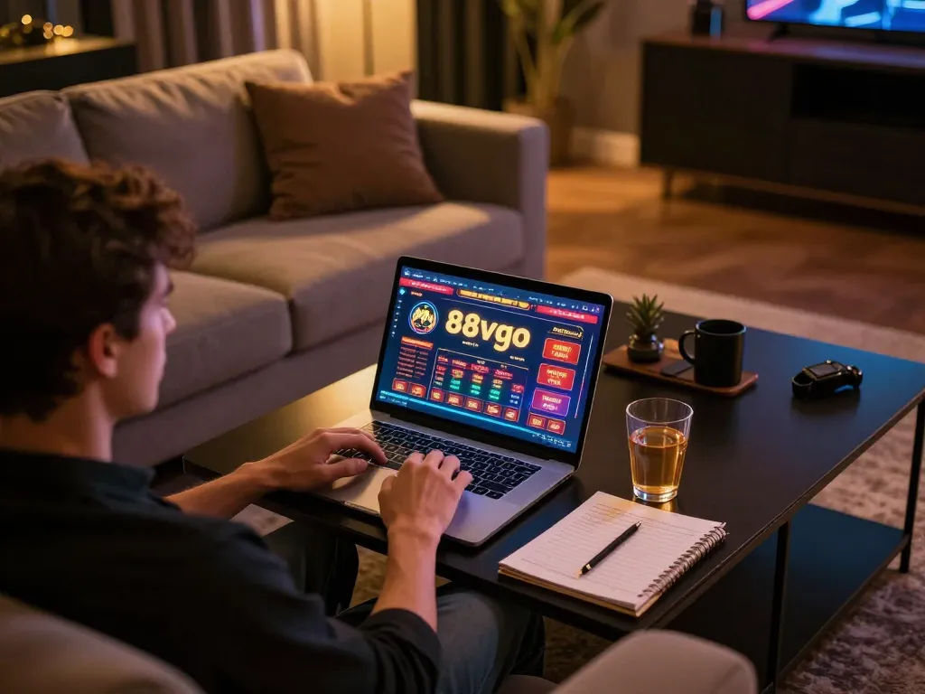 Engaged in online betting with 88vvgo, player excitedly exploring casino games on a laptop in a cozy setting.