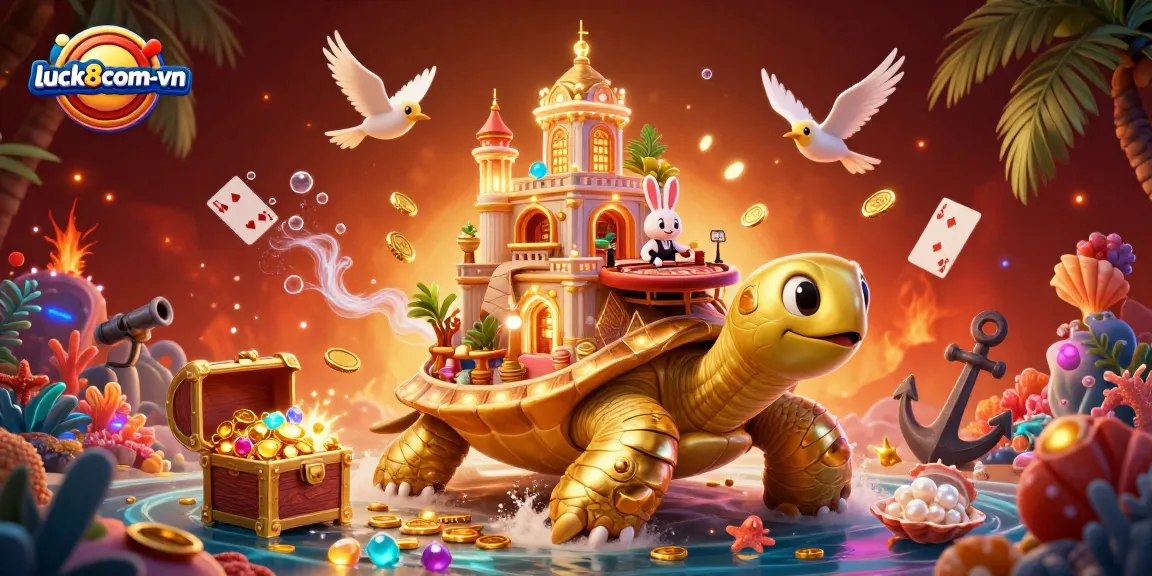 Experience vibrant casino excitement with luck8com-vn's enchanting golden tortoise and lively dealer scene.