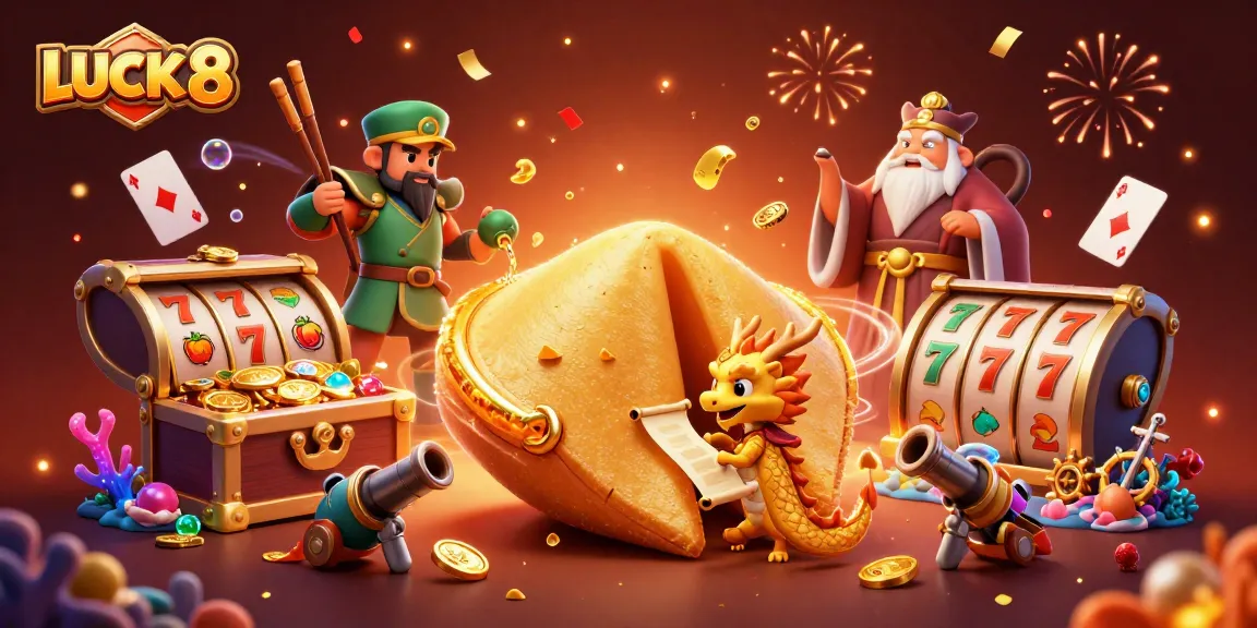 LUCK 8 showcases vibrant 3D illustration of a casino scene with fortune elements, gold treasures, and gaming excitement.