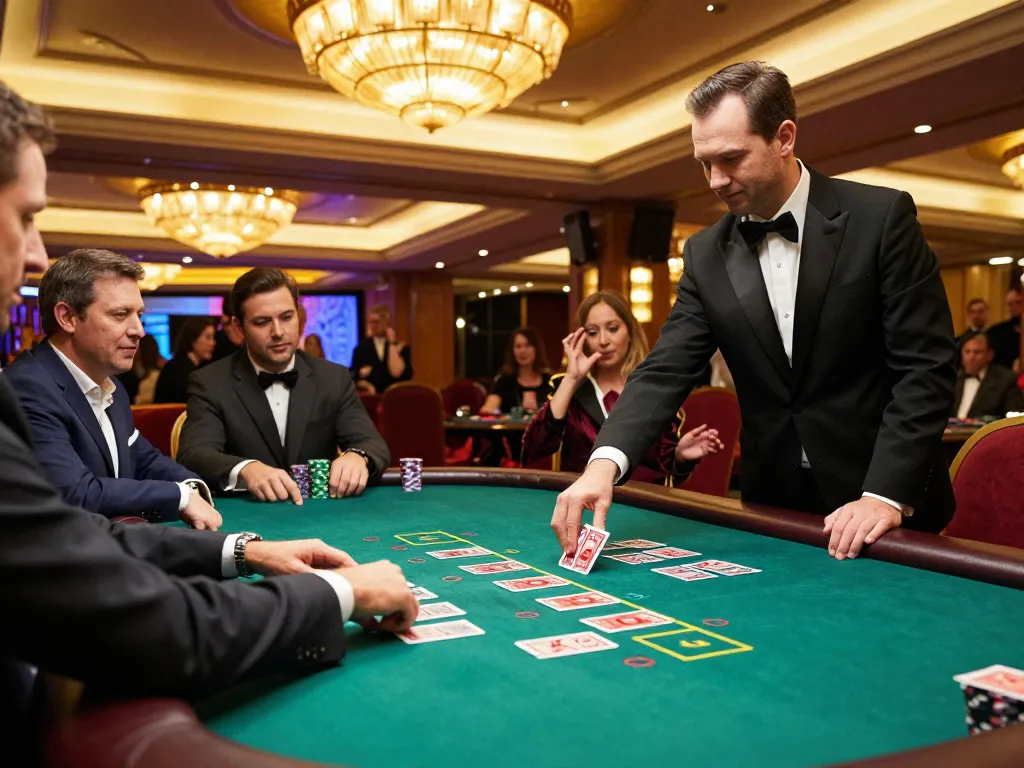 Tỷ lệ kèo nhà cái 5 as players engage intensely around a blackjack table in an upscale casino.