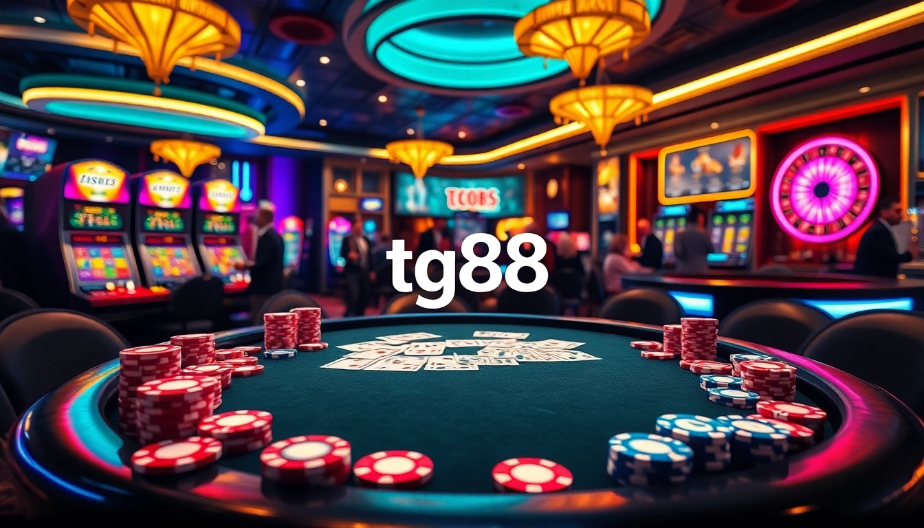 Tg88 casino scene featuring a vibrant poker table, colorful chips, and lively players.