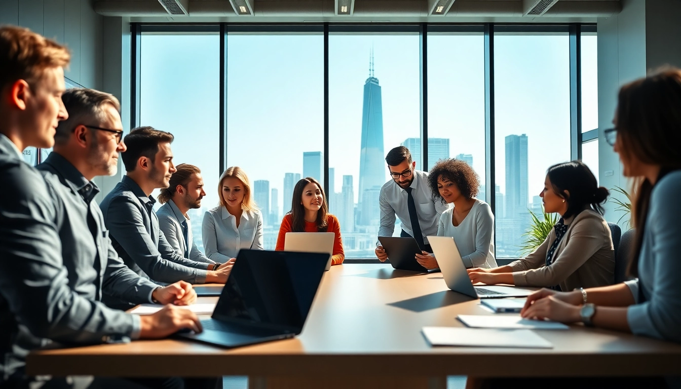 Focused team of Quickplus Business Consultants strategizing in a modern office environment.