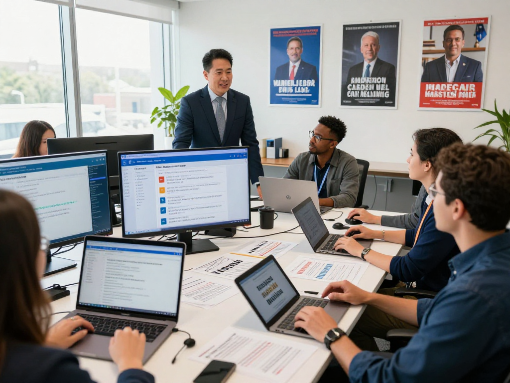 Engaged political strategist collaborating on independent candidate marketing in dynamic office.