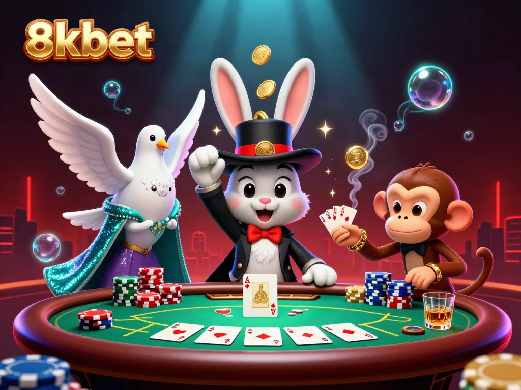 Experience the fun and excitement at 8xbet with a magical casino scene featuring a rabbit, dove, and monkey among poker elements.