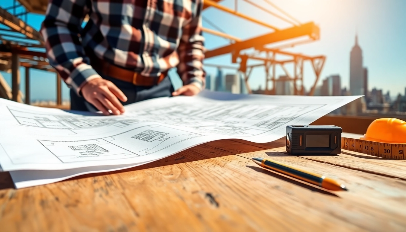 Manhattan General Contractor analyzing construction blueprints on a vibrant NYC site.