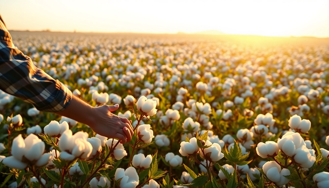 Prachtige katoenplanten in een uitgestrekt veld met tegenlicht van de opkomende zon.