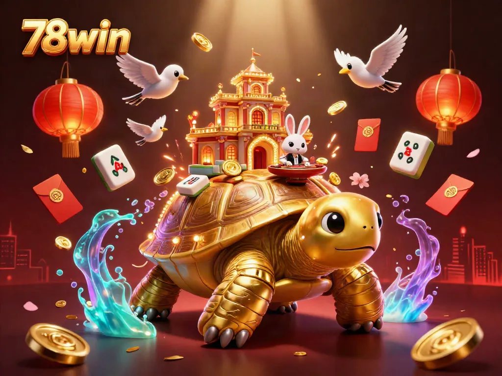 Experience the thrill of 78win with a vibrant 3D casino scene featuring a golden tortoise and rabbit dealer.