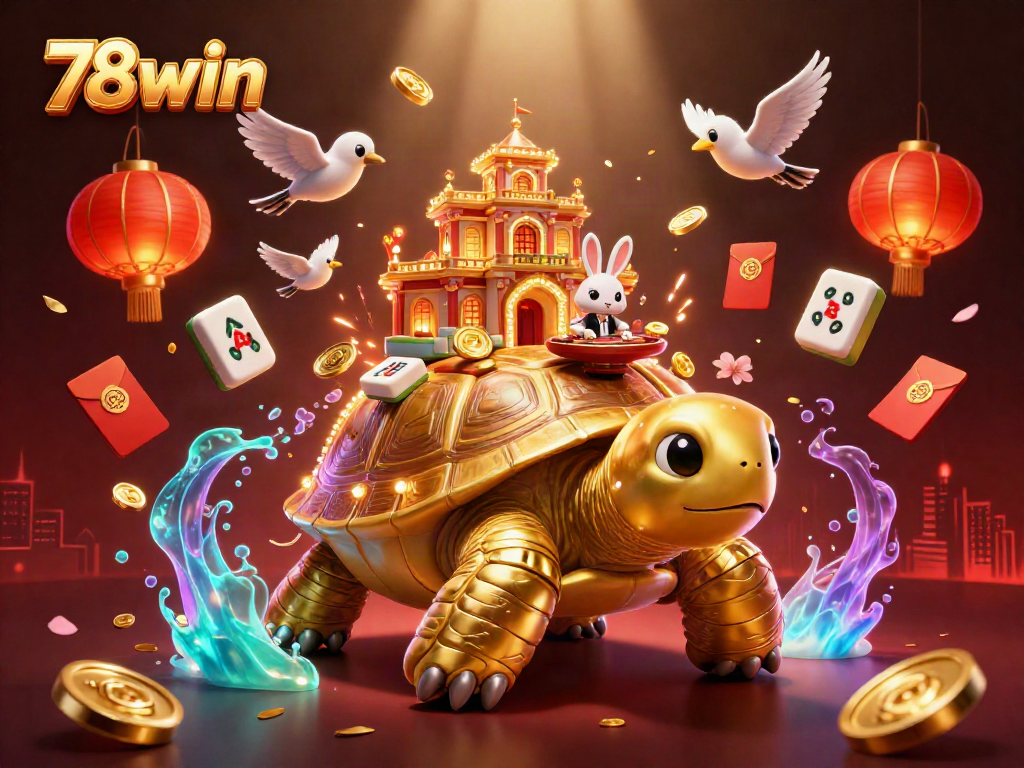 Experience the thrill of 78win with a vibrant 3D casino scene featuring a golden tortoise and rabbit dealer.