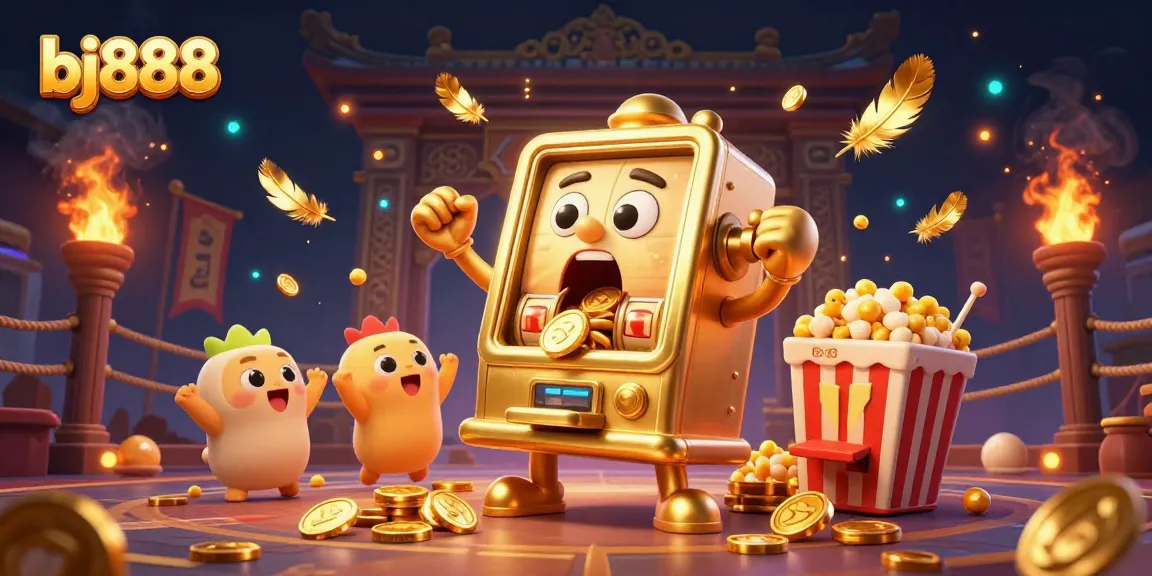 Engage with bj888's thrilling slot machine excitement as golden coins pour out, celebrating big wins!