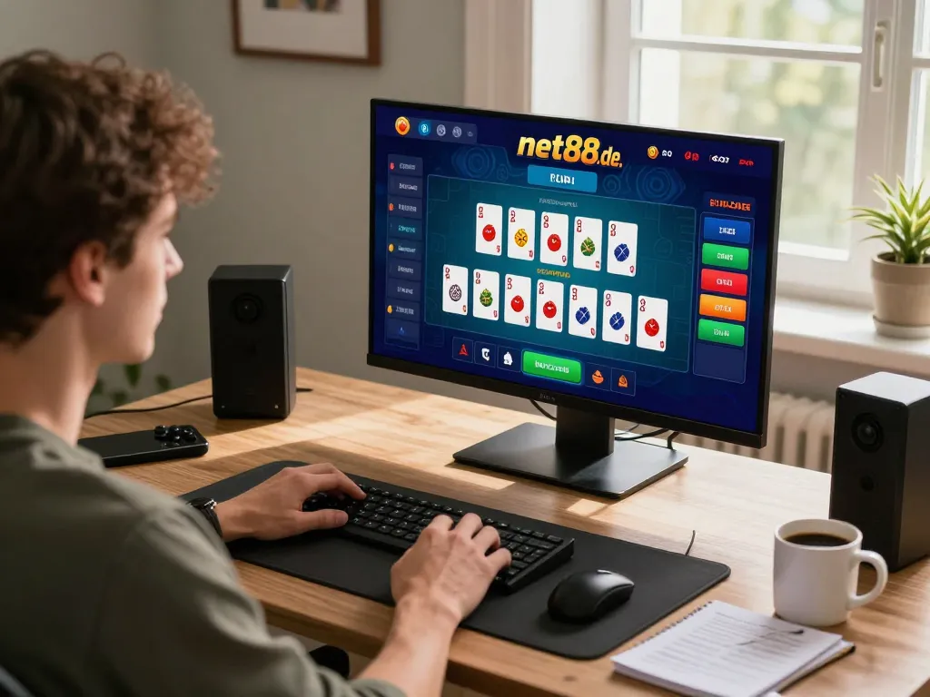 Engaging gameplay experience at net88.de.com with a user focused on online gambling in a cozy home setting.