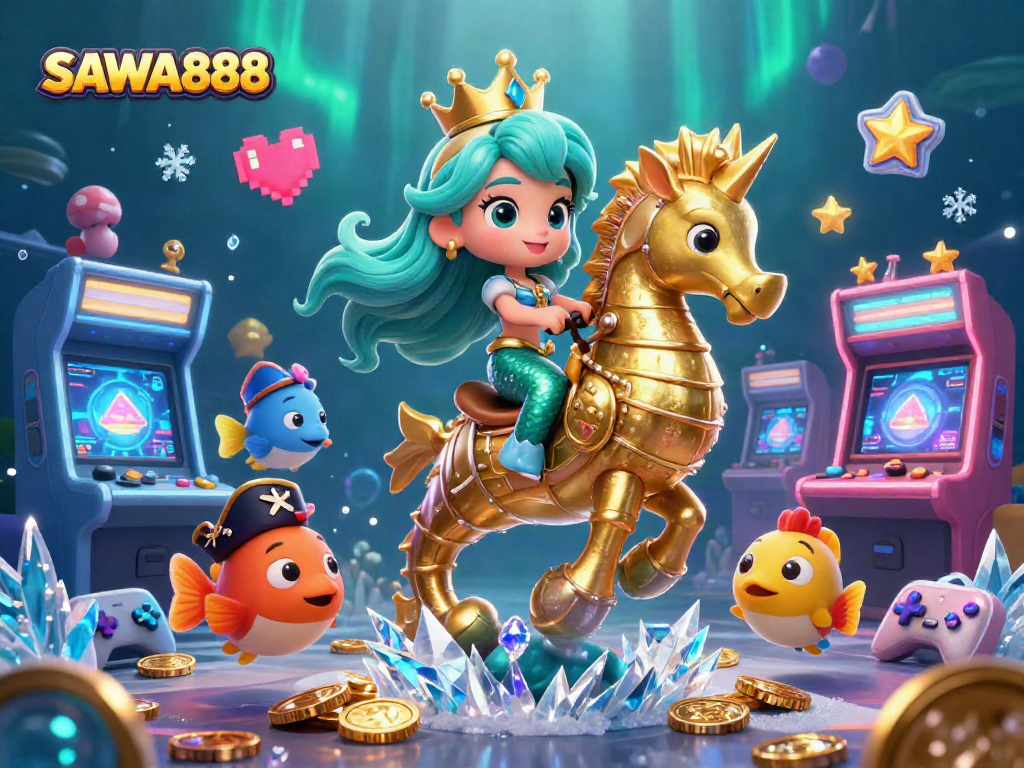 Engage in thrilling gameplay at SAWA888 with vibrant characters and casino elements in a dynamic 3D underwater scene.