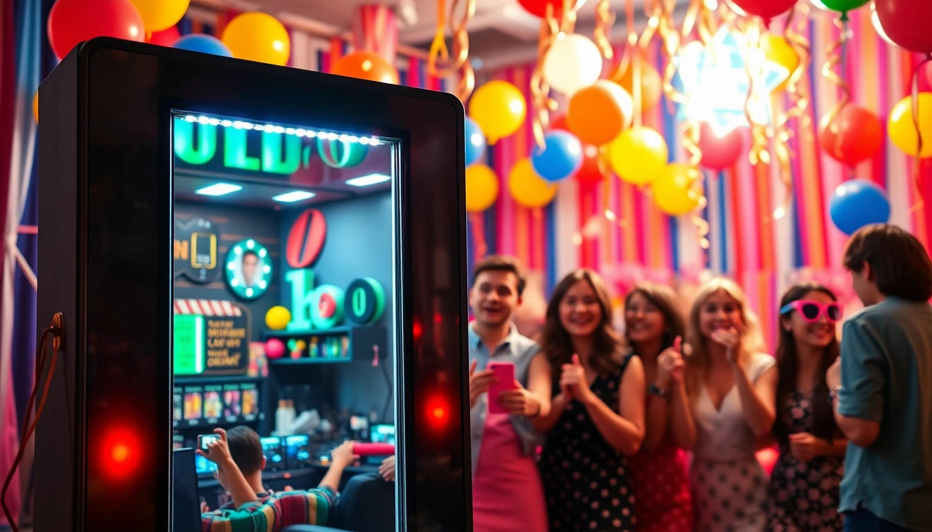 Guests enjoying a photo booth rental experience with vibrant props and backdrop.